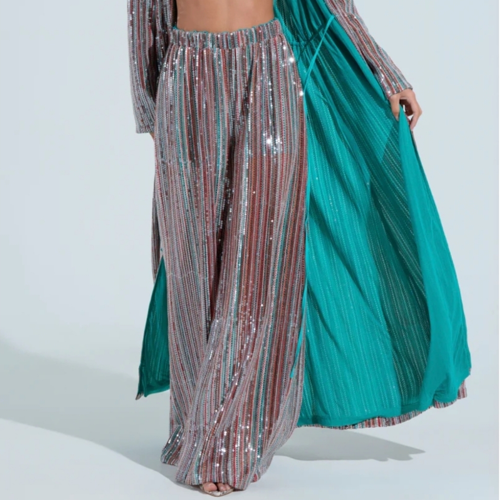 AKIRA Metallic Striped Wide Leg Pants with Teal Lining